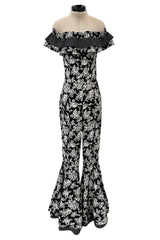 Ultra Rare Spring 1993 Versace by Gianni  Versace Silk Black & White Printed Off Shoulder Bell Bottom Jumpsuit