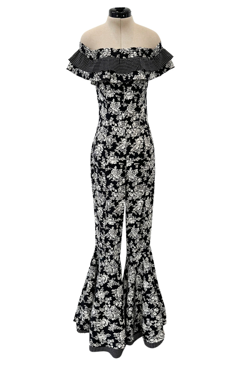 Ultra Rare Spring 1993 Versace by Gianni  Versace Silk Black & White Printed Off Shoulder Bell Bottom Jumpsuit