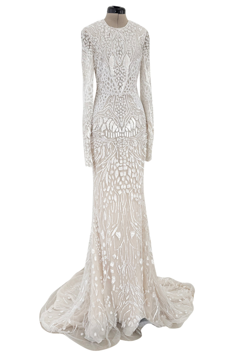 Beautiful Spring 2022 Naeem Khan Bridal Collection 'Salinas' Ivory Net Dress w Sequin Pattern & Trained Skirt