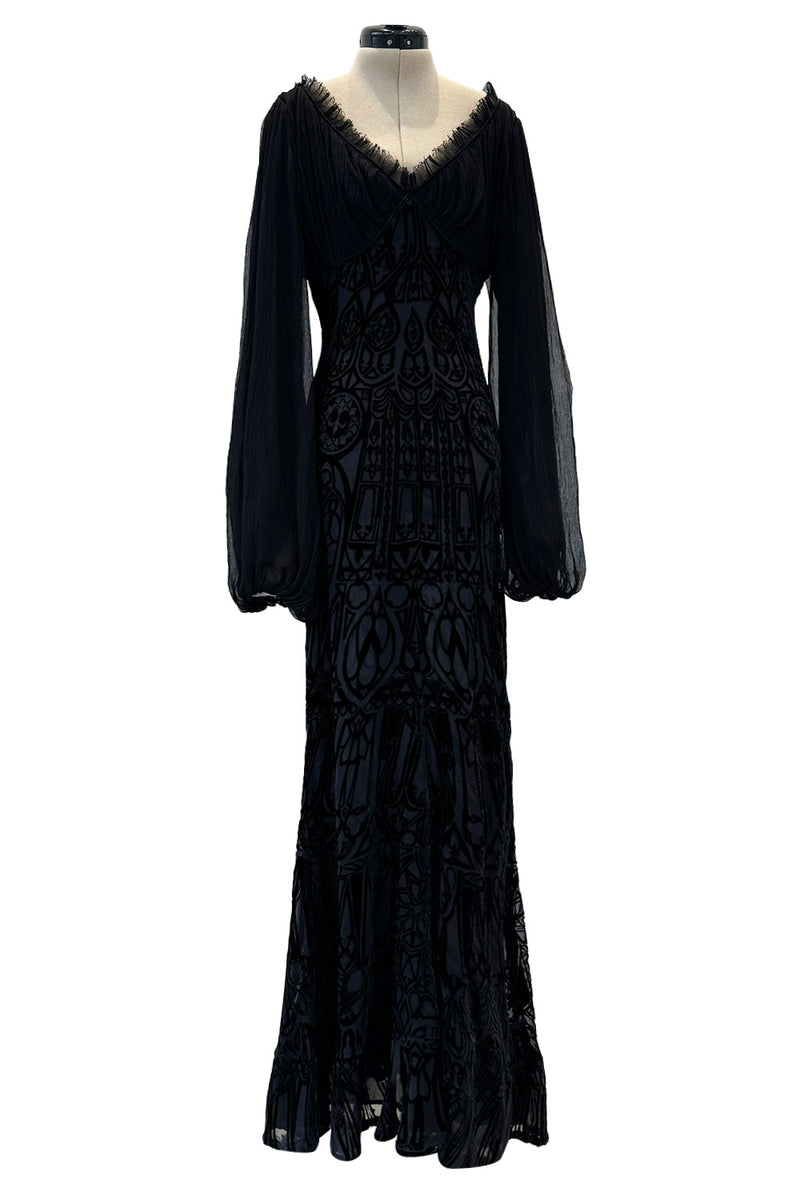 alexander mcqueen black velvet dress Alexander McQueen Black Velvet Chiffon Medieval Embroidery Corset Dress Gown 42