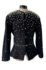 Incredible 1980s Givenchy Black Crepe Jacket w Pearl & Rhinestone Applique