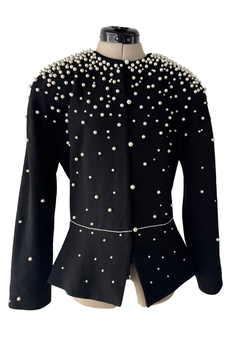 Incredible 1980s Givenchy Black Crepe Jacket w Pearl & Rhinestone Applique