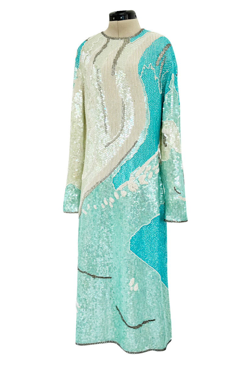 Spectacular 1983 Halston Well Documented Pastel Blues, Turquoise & Ivory Sequin Sheath Dress