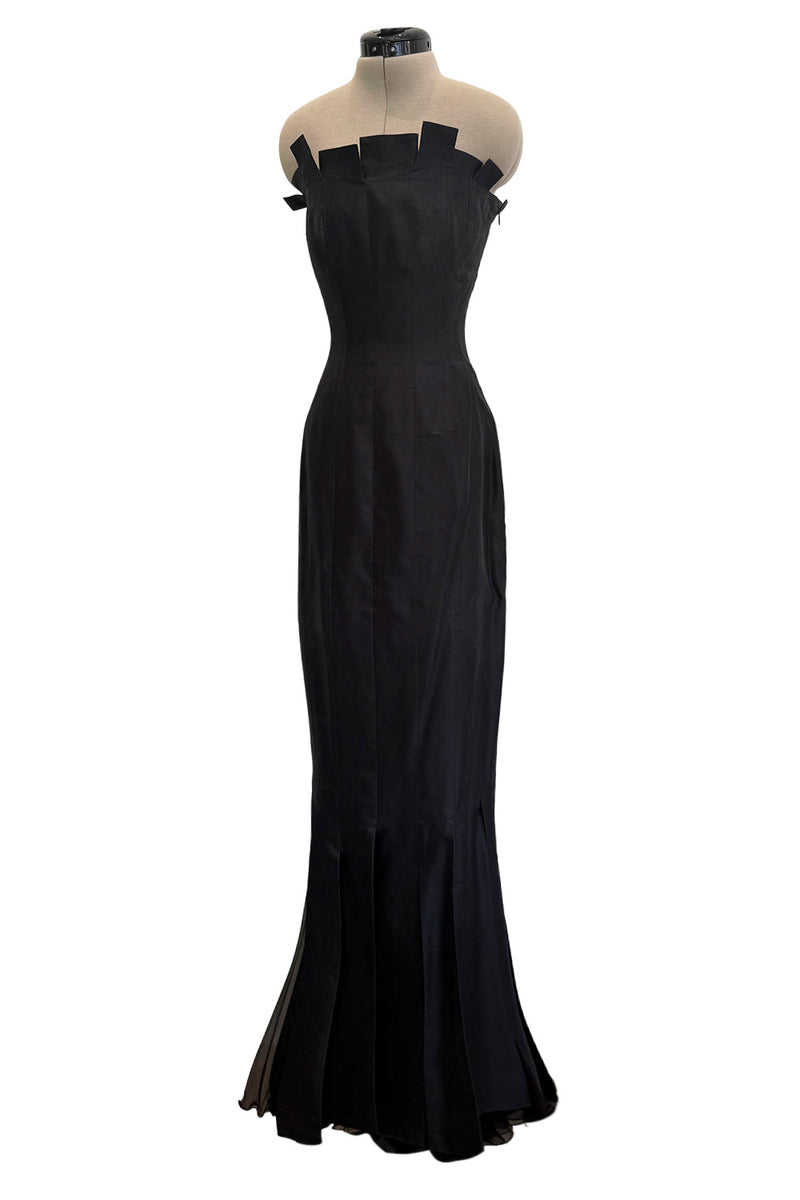 Fantastic c.1983 Thierry Mugler Black Raw Silk Vertical Panel Dress w Car Wash Hem & Silk Chiffon