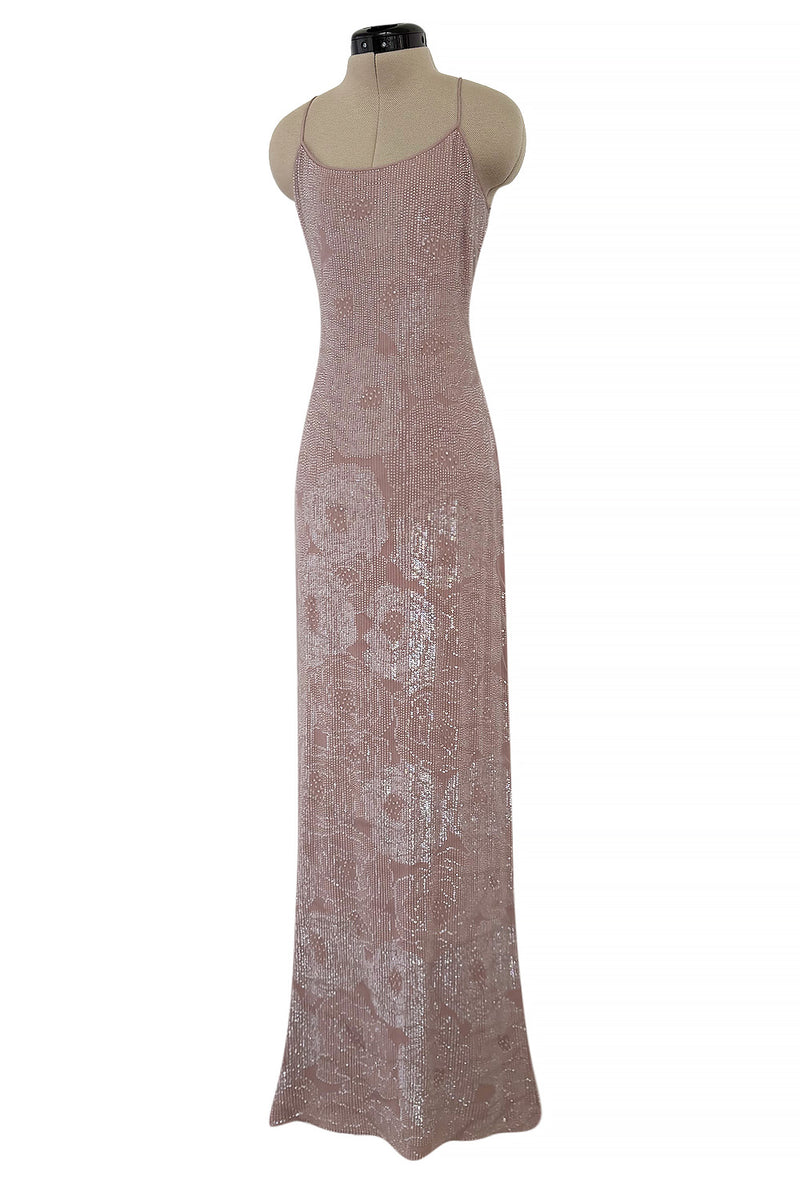 Exceptional Spring 1999 Giorgio Armani Runway Palest Ballet Nude Pink Floral Sequin Dress
