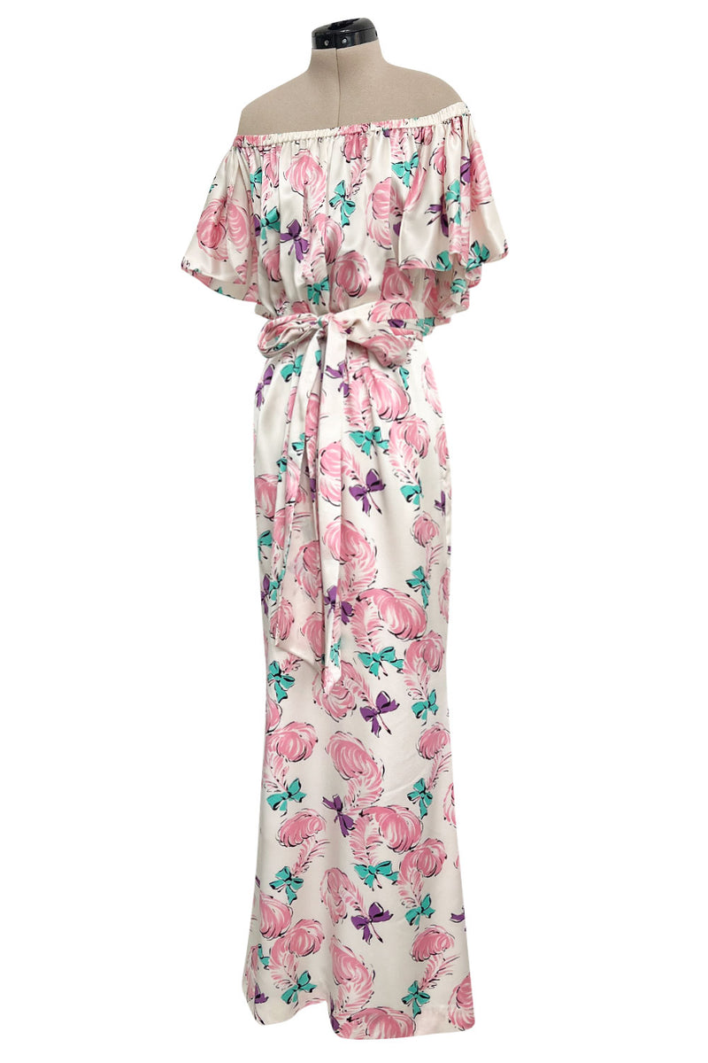 Dreamy Spring 1987 Yves Saint Laurent Off Shoulder Pink Feather & Bow Print Silk Dress