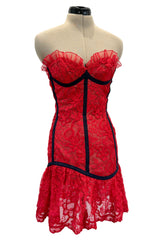 Amazing Spring 1992 Yves Saint Laurent Runway Red Lace Strapless Dress w Grosgrain Detailing