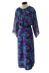 1976 Christian Dior by Marc Bohan Printed Purple & Turquoise Silk Chiffon Skirt & Jacket Set