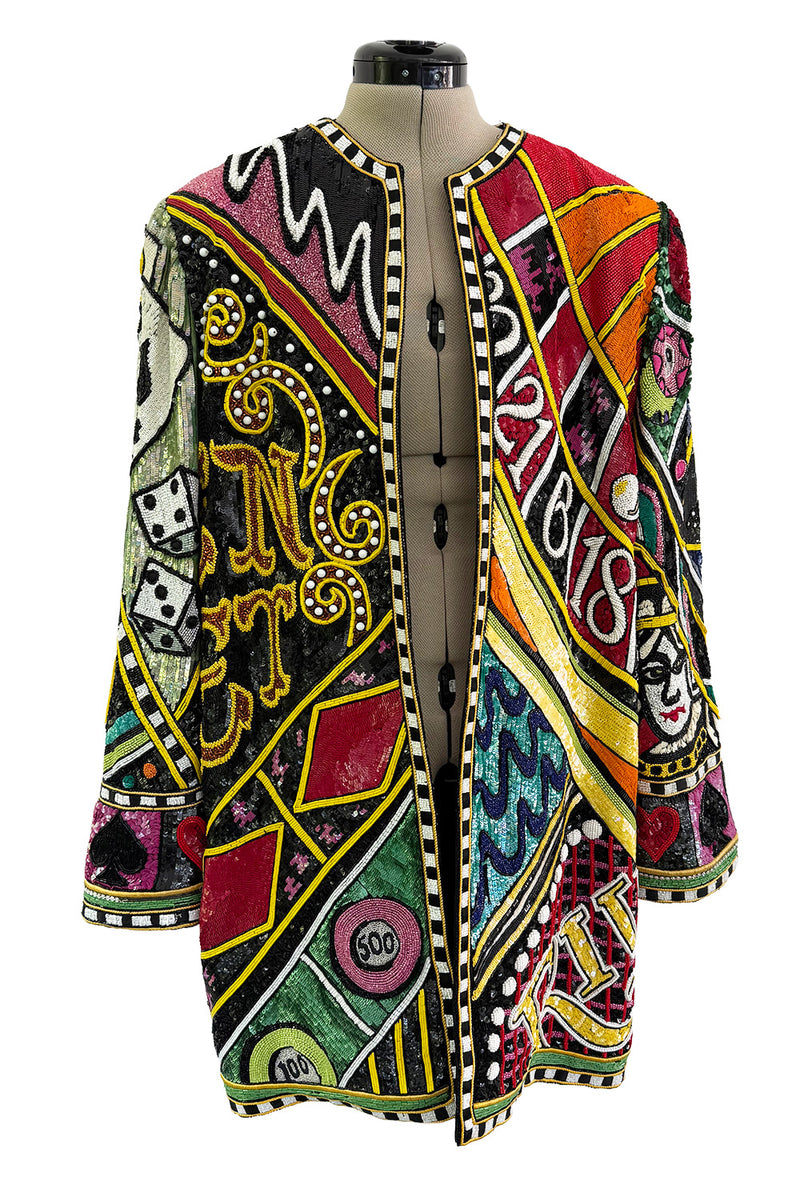 Incredible 1980s Bob Mackie Main Label Fully Sequin & Beaded Oversized Casino Themed Jacket