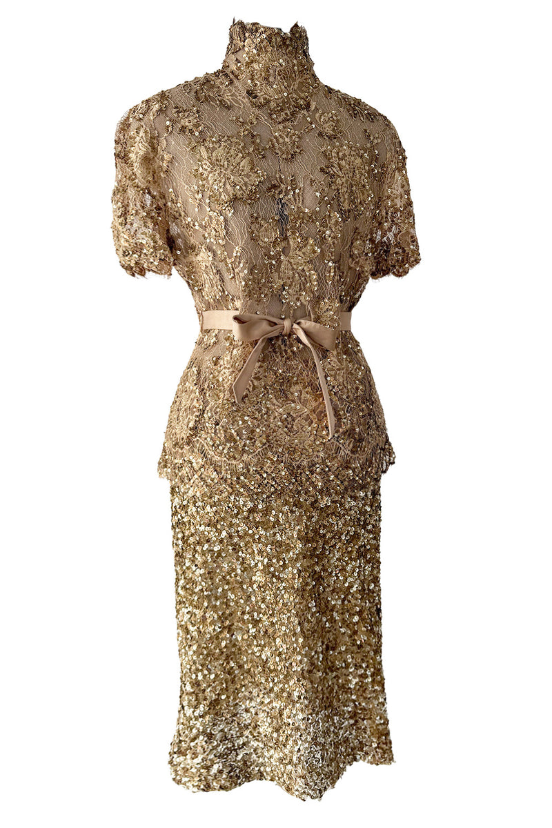 Outstanding 2010s Valentino by the Original Mr. Valentino Two Piece Metallic Gold Sequin Covered Set