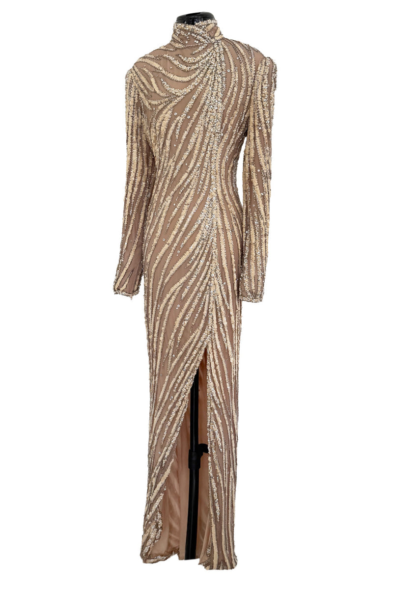 Incredible & Rare 1980s Bob Mackie Well Documented Ivory Sequin & Nude Stretch Net High Slit Dress