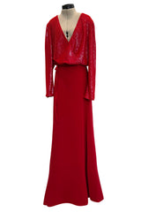 Stunning Fall 1998-99 Giorgio Armani Red Beaded & Sequin Long Skirt & Wrap Top Dress Set