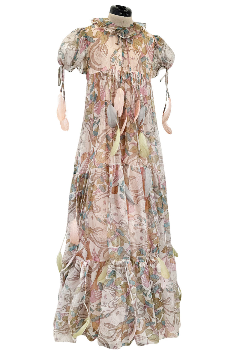 Phenomenal 1960s Gina Fratini Printed Tiered Baby Doll Maxi Dress w Poufed Cap Sleeves & Feather Details