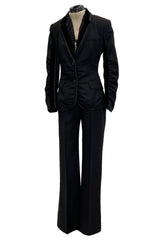 Chic Fall 2002 Yves Saint Laurent by Tom Ford Black Pant Suit w Velvet Trim & Curved Sleeves