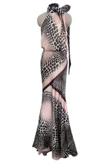 Spring 2004 Roberto Cavalli Bias Cut Silk Brown and Pink Printed Halter Top w Tie & Skirt Set