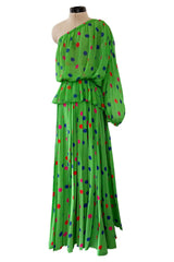 Demi-Couture Spring 1989 Nina Ricci Runway Dotted Silk Skirt & Silk Chiffon One Shoulder Top Set