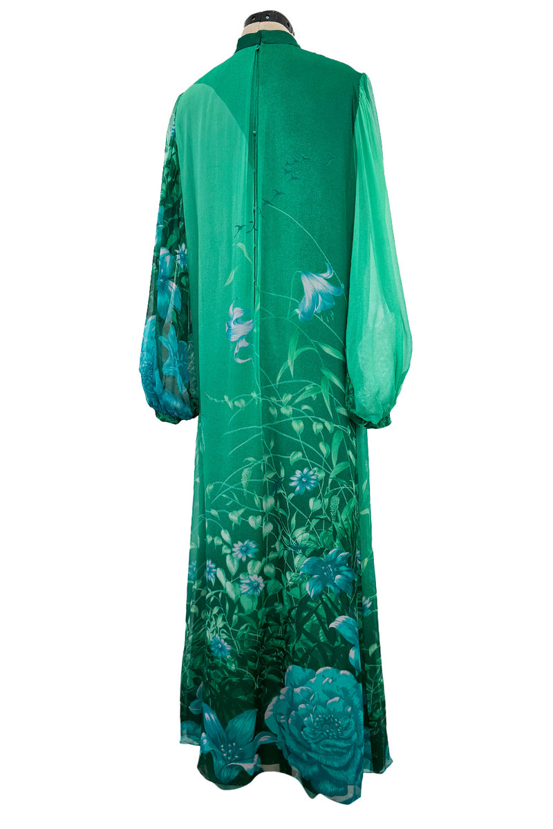 Stunning 1970s Hanae Mori Green Extensive Floral Print Green Silk Chif Shrimpton Couture Stunning 1970s Hanae Mori Green Extensive Floral Print Green Silk Chif Shrimpton Couture