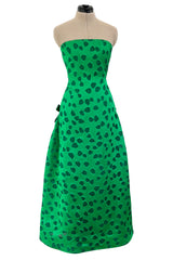 1980s Arnold Scaasi Brillaint Emerald Green Strapless Dress w Woven Heart Print & Bows