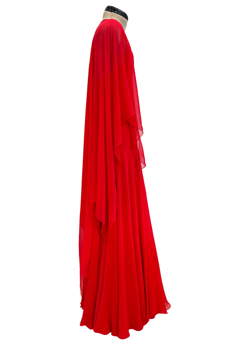 Superb Spring 1977 Halston Runway Bias Cut red Silk Chiffon Dress w Original Cape Shawl