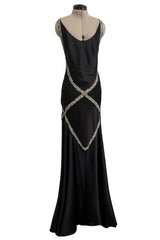 Outstanding Fall 2004 Alexander McQueen Bias Cut Black Silk Dress w Bare Back & Silver Thread Ribbon Detailing