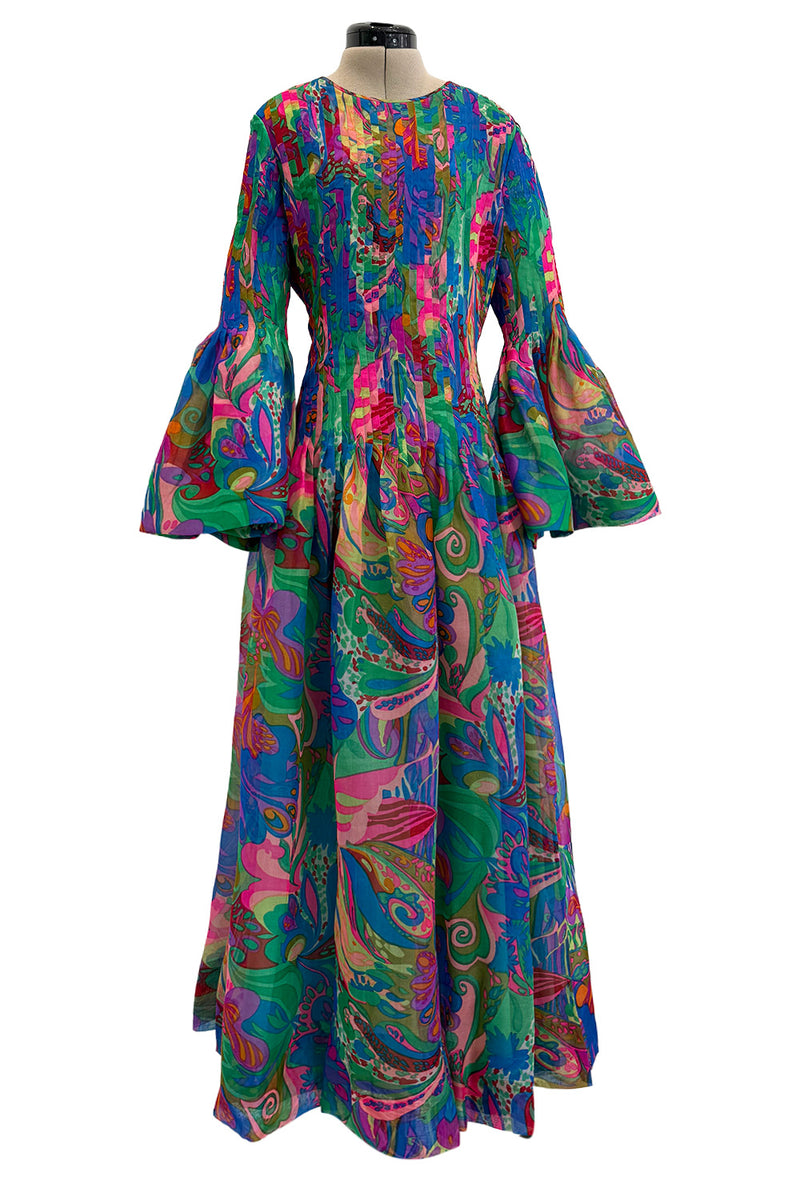 Important 1971 Pierre Cardin Couture Silk Organza Bell Sleeve Dress w Flat Pleated Bodice & Sleeves