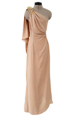 Spectacular Spring 2000 Thierry Mugler Runway Nude Chiffon One Shoulder Dress w Acrylic Detail