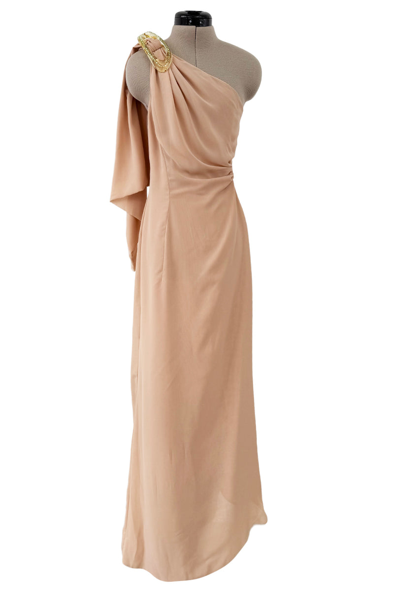 Spectacular Spring 2000 Thierry Mugler Runway Nude Chiffon One Shoulder Dress w Acrylic Detail