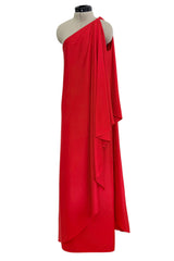 Dreamy 1978 Halston IV Red East-to-Wear Jersey One Shoulder Draped Dress w Side Slit