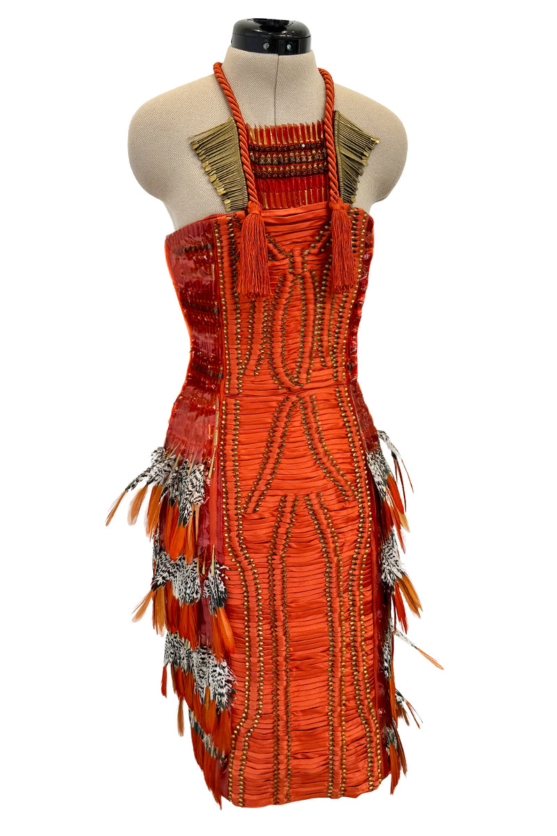 Iconic Spring 2011 Gucci by Frida Giannini Runway Look 41 Burnt Orange Silk Cord, Brass & Feather Dress