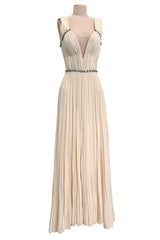 Incredible Fall 2007 Roberto Cavalli Ivory Pleated Silk Jersey Dress w Front Plunge & Rhinestones