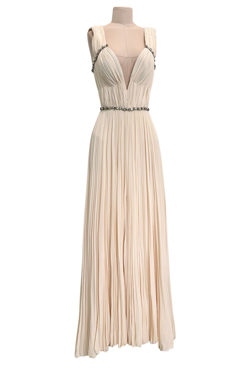 Incredible Fall 2007 Roberto Cavalli Ivory Pleated Silk Jersey Dress w Front Plunge & Rhinestones