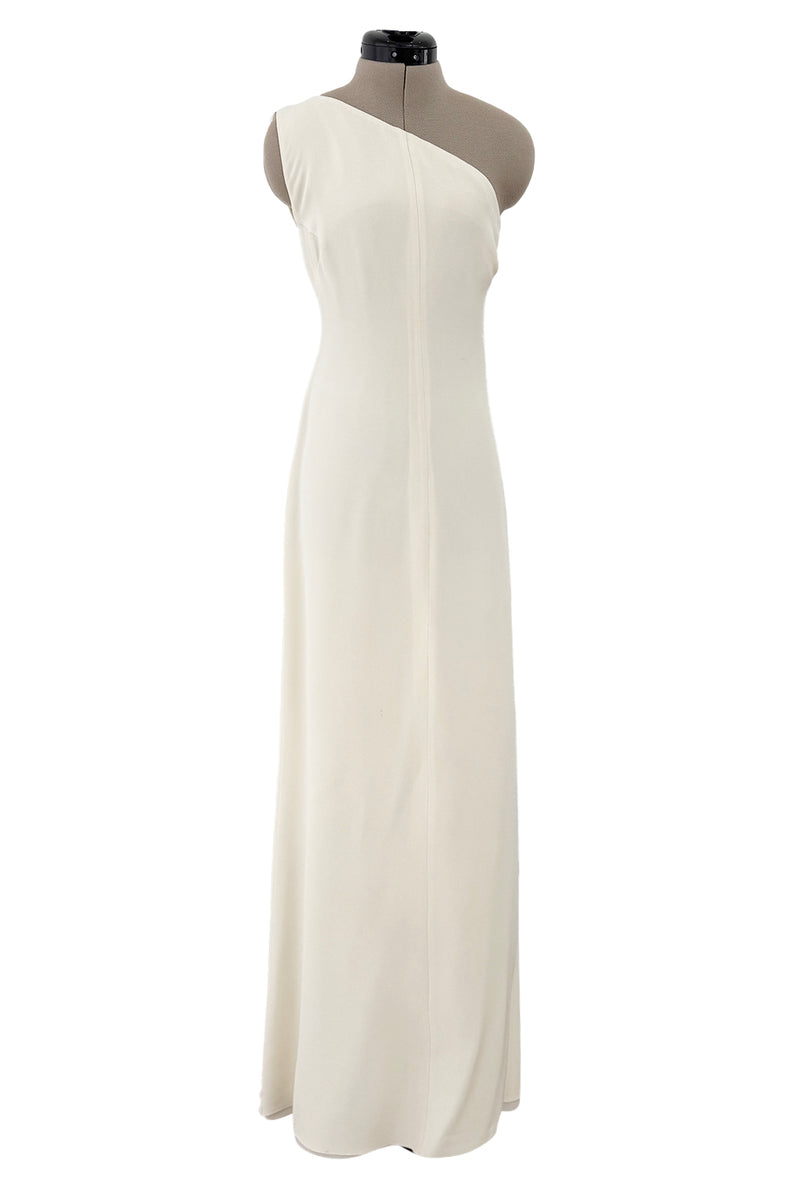 2010s Valentino Ivory Silk Crepe One Shoulder Dress w Draped Back & Rhinestone Buckle