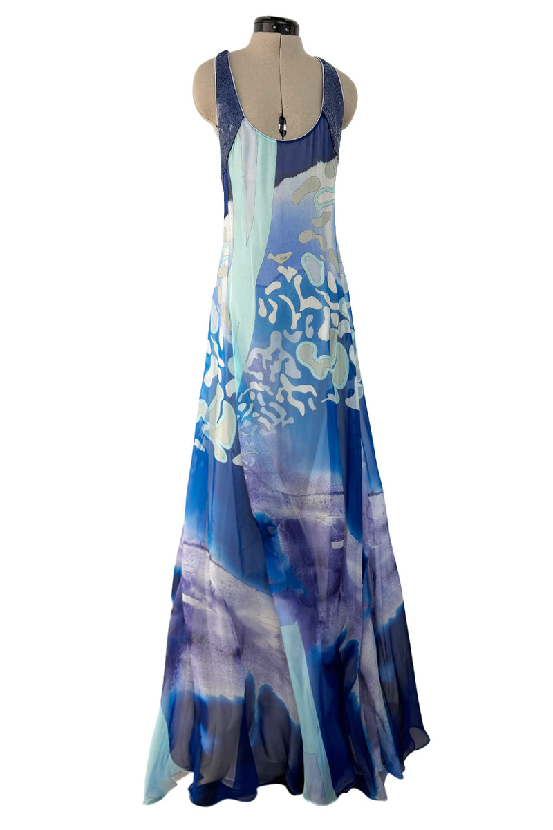 Spring 2010 Emilio Pucci by Peter Dundas Runway Look 24 Blue Printed Silk Chiffon & Sequin Dress