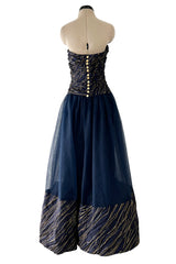 Very Rare Fall 1986 Chanel by Karl Lagerfeld Blue & Gold Strapless w Removable Sleeves