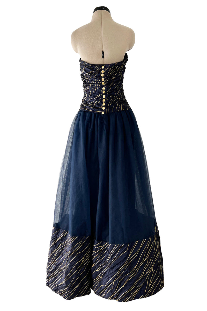 Very Rare Fall 1986 Chanel by Karl Lagerfeld Blue & Gold Strapless w Removable Sleeves