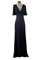 Fabulous 2010 Alexander McQueen Bias Cut Liquid Black Silk Dress w Amazing Wide Loop Sleeves
