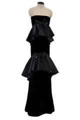 Exceptional Fall 2005 Original Valentino Runway Look 82 Black Velvet Dress w Bows, Silk Tiers & Pink Detailing