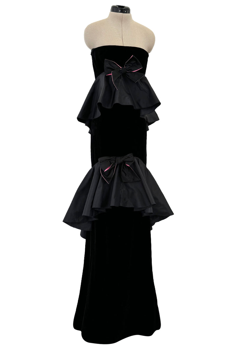 Exceptional Fall 2005 Original Valentino Runway Look 82 Black Velvet Dress w Bows, Silk Tiers & Pink Detailing