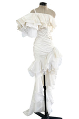 Spring 1988 Emanuel Ungaro Haute Couture Ivory Silk, Silk Net & Dotted Tulle One Shoulder Trained Mini Dress