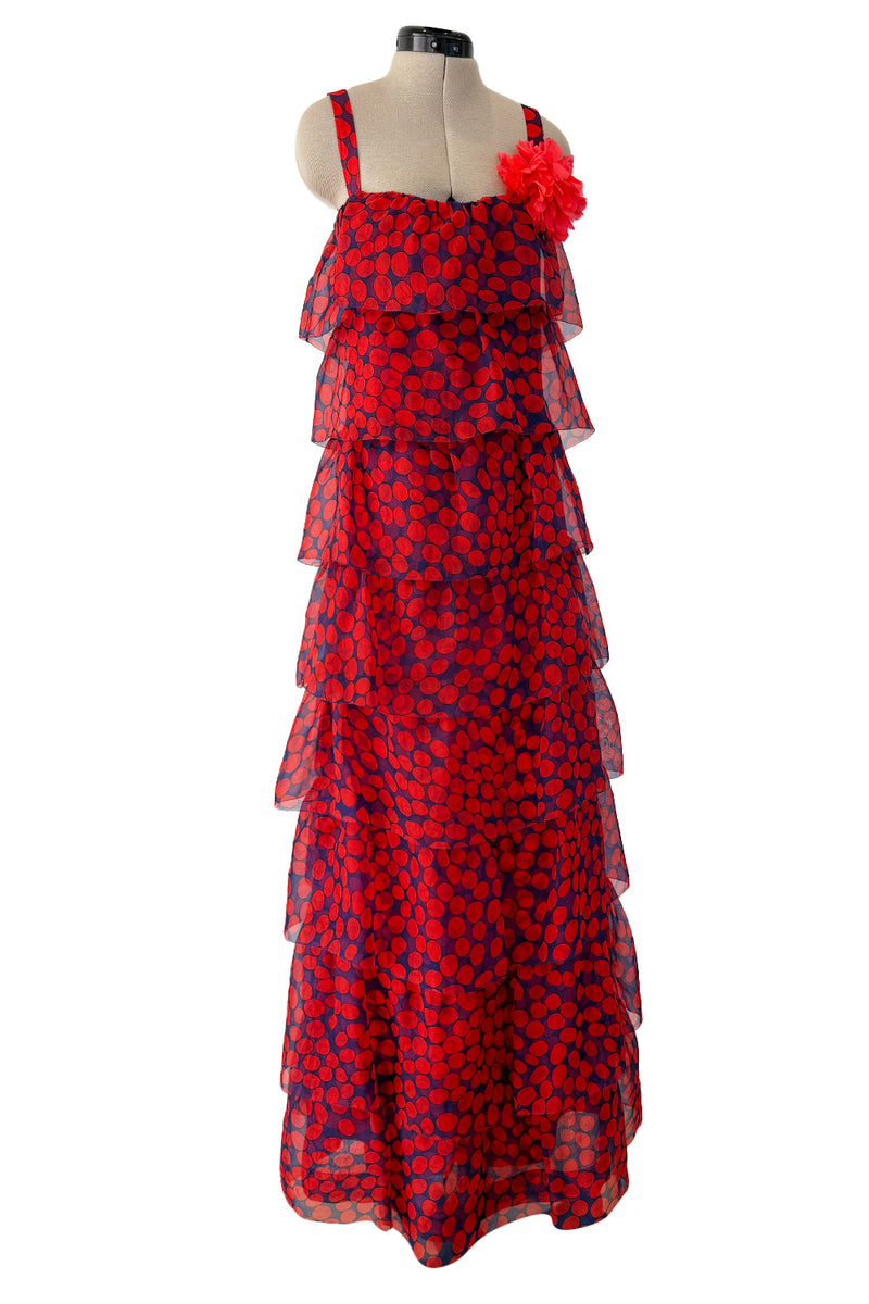 Gorgeous 1970s Givenchy Blue & Red Dot Tiered Silk Organza Ruffle Dress