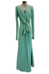 Iconic Spring 1985 Yves Saint Laurent Haute Couture Runway Pale Green Silk Dress w Front Plunge & Tie