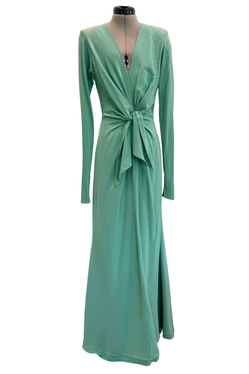 Iconic Spring 1985 Yves Saint Laurent Haute Couture Runway Pale Green Silk Dress w Front Plunge & Tie