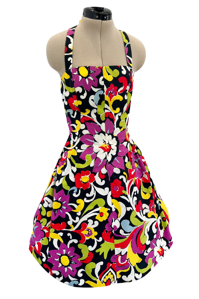 Gorgeous Resort 1993 Christian Lacroix Crisp Cotton Floral Print Halter Dress w Pouf Back Skirt