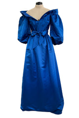 Wonderful 1980s Dan Werle Brillant Blue Silk Dress w Ruffled Off Shoulder Neckline