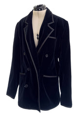 Iconic 1970s Yves Saint Laurent Midnight Blue Velvet Jacket w Ribbon Trimmed Edges