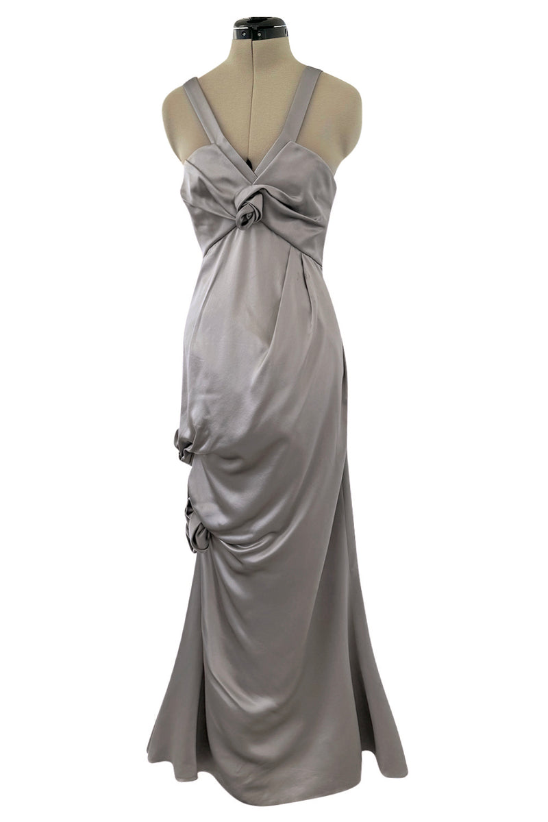 Wonderful Fall 2008 Christian Dior by John Galliano Deep Silver Silk Bias Cut Dress w Fabric Flower Details