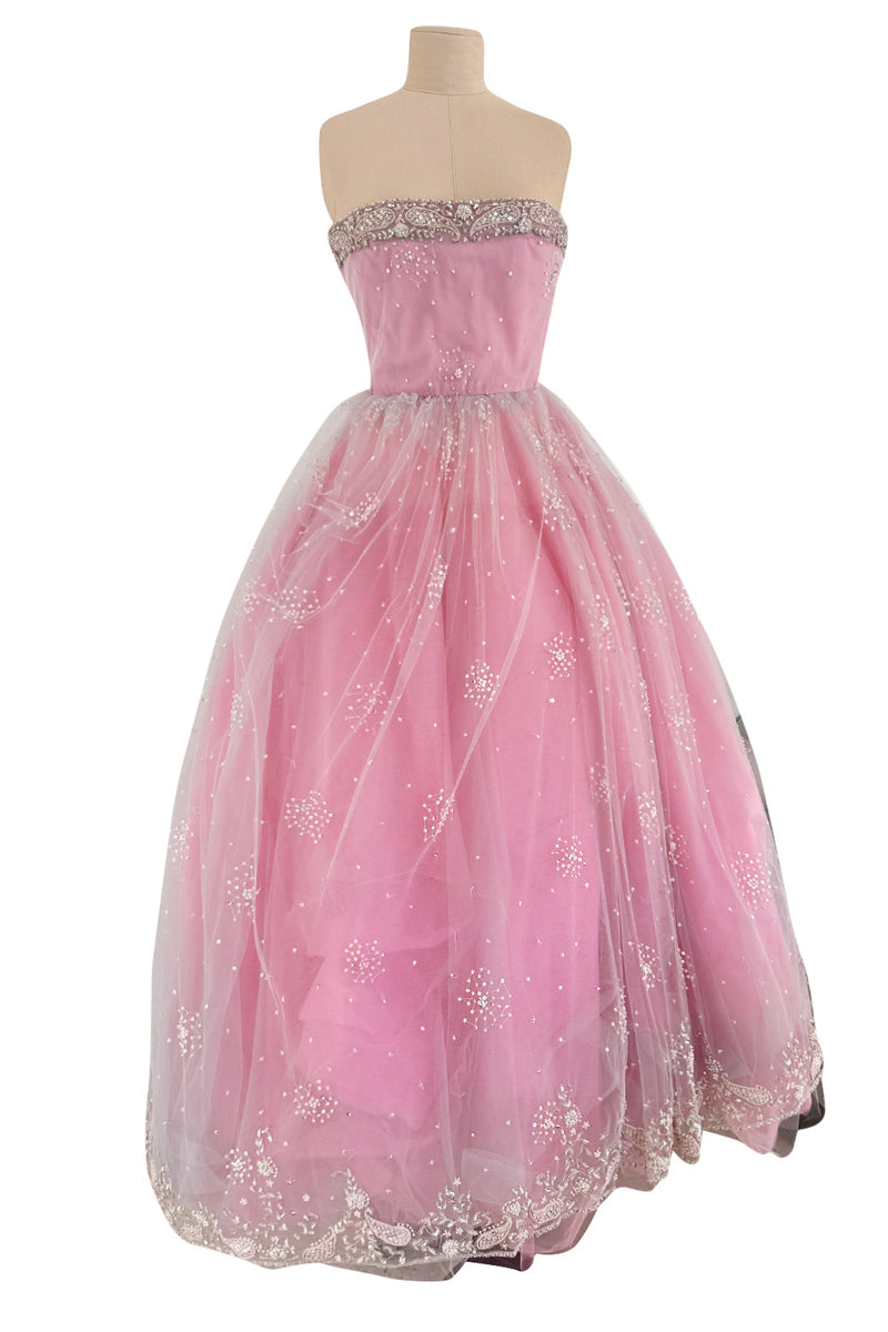 oscar de la renta pink dress Prettiest 2000s Oscar de la Renta Strapless Pink Tulle Dress w Extensi – Shrimpton Couture