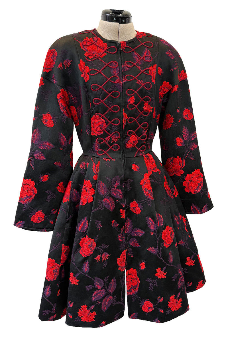 2000s Christian Lacroix Red Floral Brocade Dress or Jacket w Cording Detail