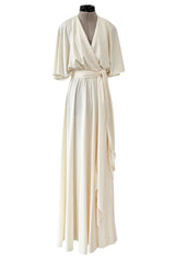 1970s Halston Draped Minimal Seamed Ivory Jersey Wrap Over Dress w Full Sleeves