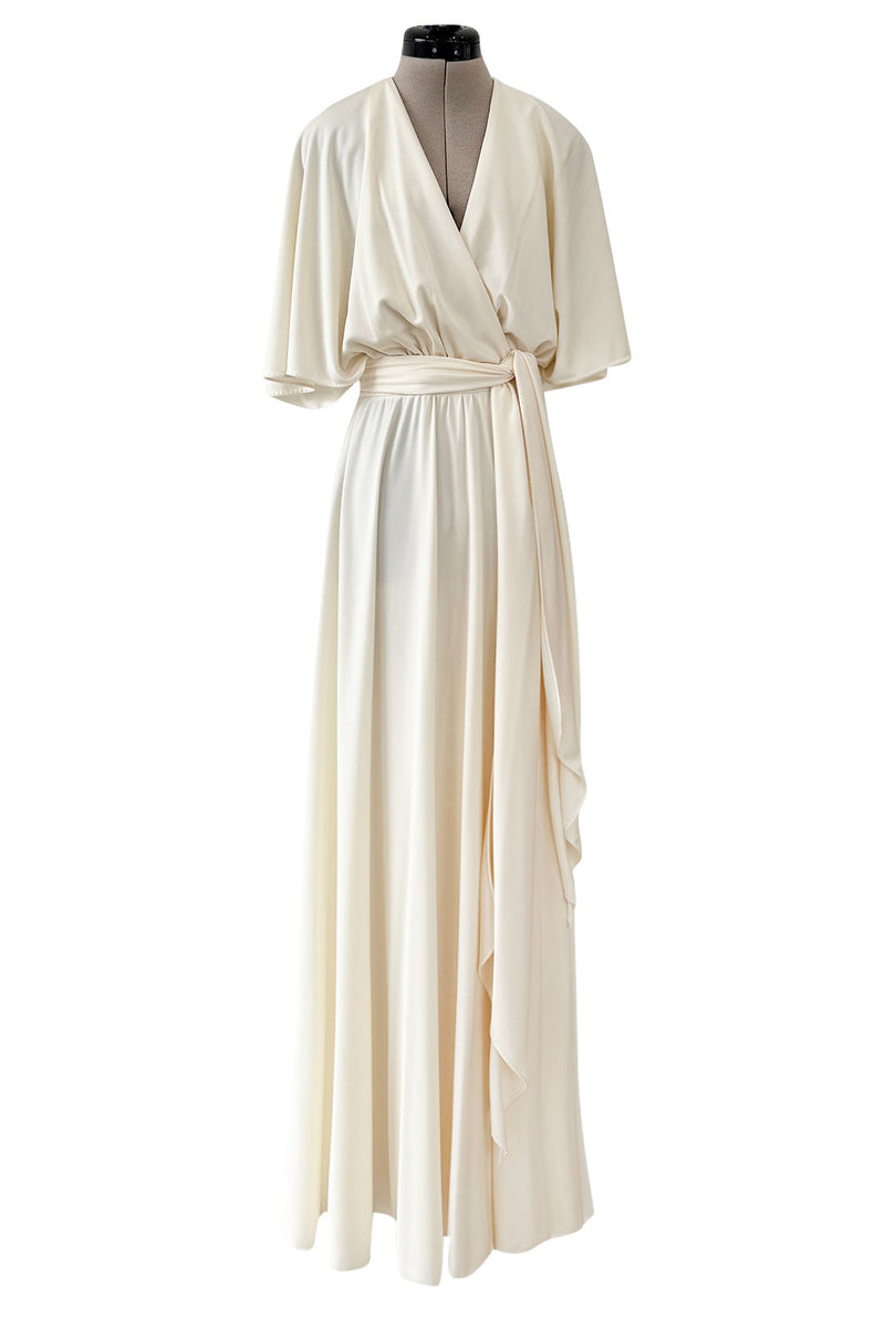 1970s Halston Draped Minimal Seamed Ivory Jersey Wrap Over Dress w Full Sleeves